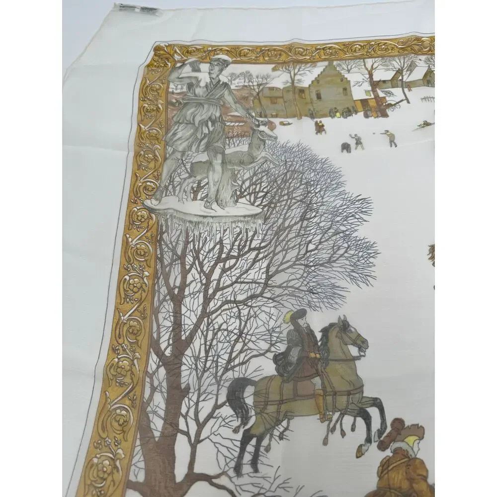 Hermes Extremely Rare 100% Silk Mirrored Image Hunt Scene Sheer Large Cape Shaw